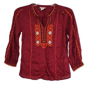 Lucky Brand Red Orange Top Boho Peasant Women Size XS Embroidered 3/4 Sleeve